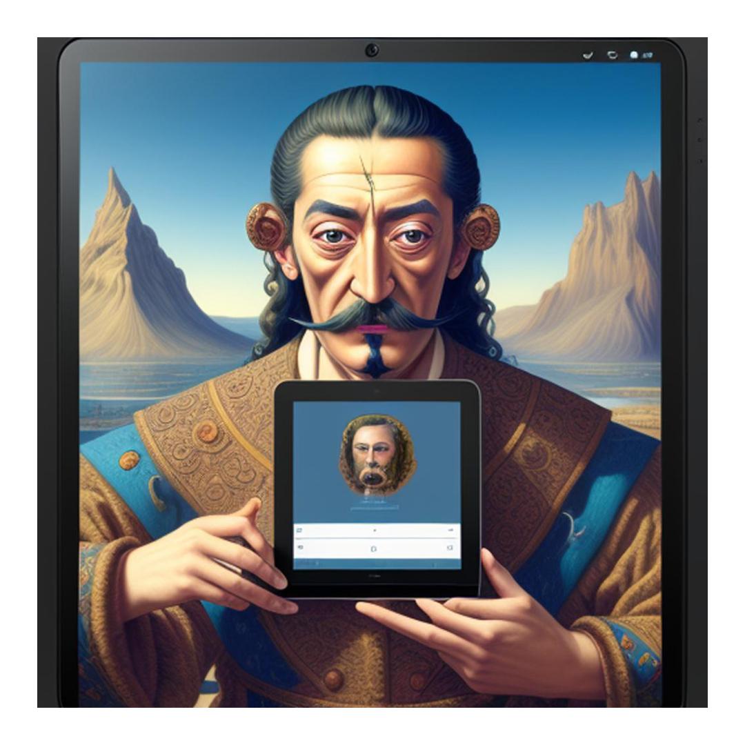 Surreal portrait of a figure holding a tablet against a desert landscape