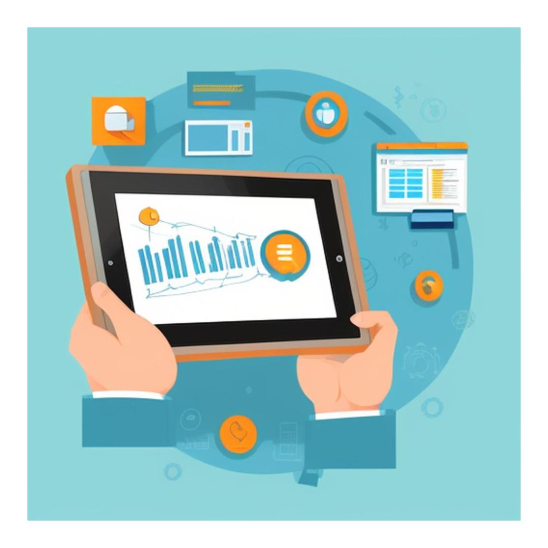 Hands holding a tablet showing charts surrounded by analytics icons
