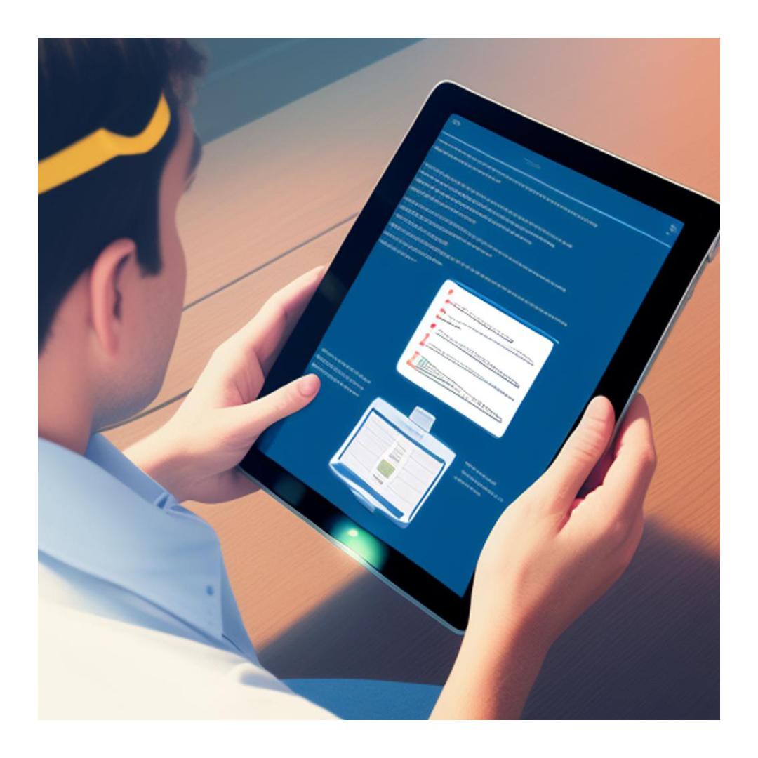 Person viewing a technical slide with diagrams on a large tablet