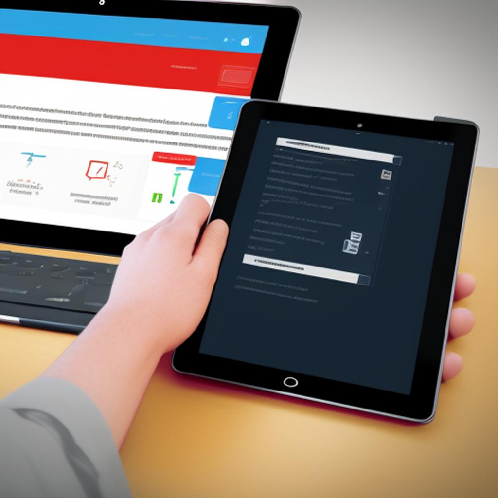 Hands holding a tablet with a dark UI in front of a laptop